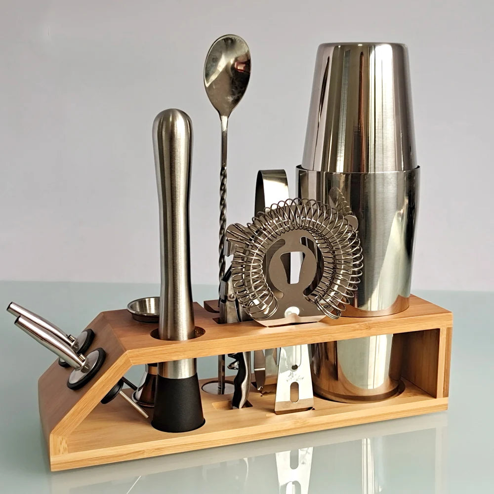 Bartender Kit | 10-Piece Cocktail Shaker Set Bamboo Trapezoid Stand | Mixed Drinks Martini Home Bar Tools Set Stainless Steel