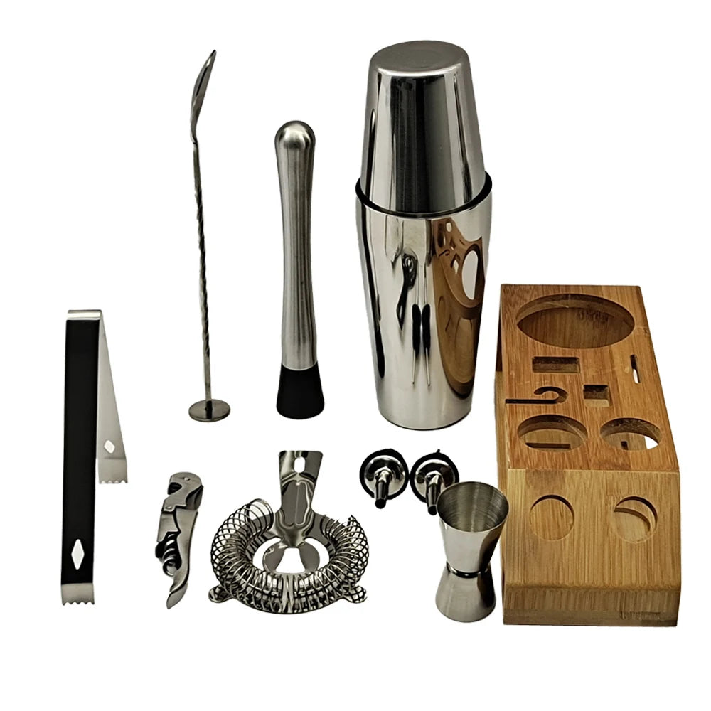 Bartender Kit | 10-Piece Cocktail Shaker Set Bamboo Trapezoid Stand | Mixed Drinks Martini Home Bar Tools Set Stainless Steel